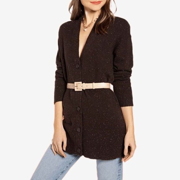 Something Navy Cozy V-Neck‎ Cardigan Women's XS Brown Speckled Button Front - Picture 1 of 15